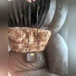 Michael Kors Brown Fur Tote Bag with Woven Leather Accent